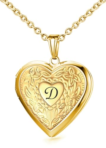Locket Necklace Holds Pictures Alphabet Initial Letter Love Heart Lockets Photo Memory Locket Necklaces Birthday Gifts - color: Gold, style: D