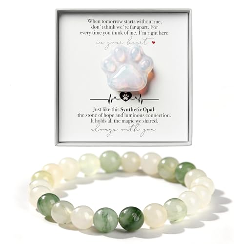 LINGYUAN Opalite Pet Memorial Gift Set, Paw Print Stone with 6mm Bracelet, Sympathy Keepsake Card for Loss of Dog or Cat - color: Opalite Memorial Gift Set