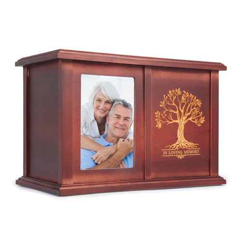 X-Large Urns for Human Ashes Adult Male Female, Up to 500 Cubic Inches, Extra Large Red Pine Wood Urn with Tree Pattern