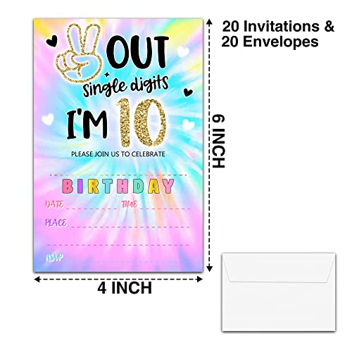 YSTEP Tie Dye 10th Birthday Party Invitations, 20 Invite Cards with Envelopes, 4"x6" Peace out Single Digits Birthday Party Invites - A13 - style: style 2