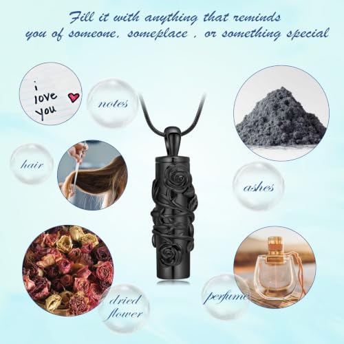 Cylinder Urn Necklace for Ashes Roseflower Cremation Jewelry Urn Ashes Necklace for Women Men Memorial Keepsake Necklace of Loved One - color: Black