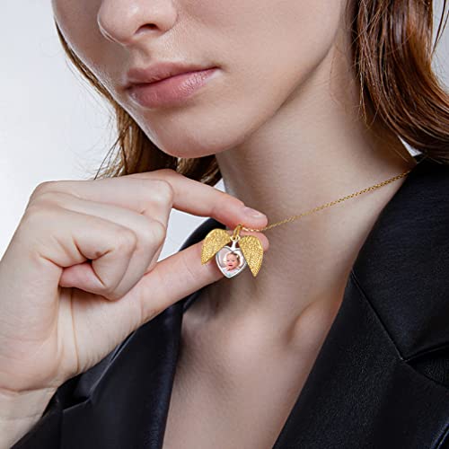 Custom4U Personalized Heart Locket Necklace with Pictures,Sunflower/Angel Wings/Heart Shaped Lockets Custom Photo,Gold/Rose Gold/White Lockets That Holds Picture,Customized Memorial Jewelry for Women - color: C-Angel Wings-Gold(Locket + Photo + Engraving)