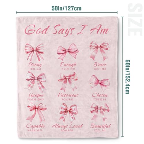 Jekeno Christian Gifts Blanket God Says I Am Pink Bow Scripture Blanket | 50x60 Inch Flannel Christian Blanket Gifts For Christmas Birthday Easter Women Girls - color: God Says I Am, size: 50x60 Inch