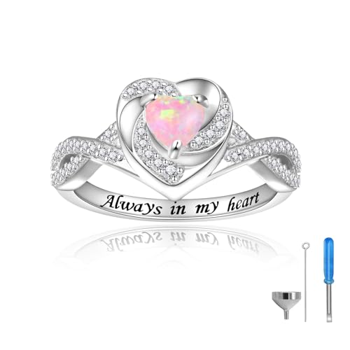 Sariel Heart Cremation Ring for Ashes - 925 Sterling Silver Opal Urn Keepake Rings Memorial Jewelry for Women - color: Pink
