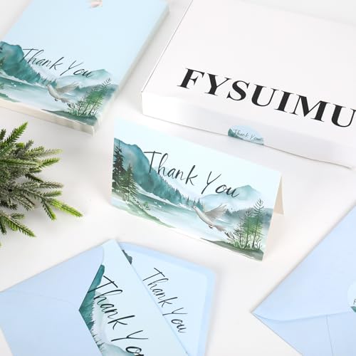FYSUIMU 50Pcs Funeral Thank You Cards Watercolor Mountain Sympathy Cards with Message Bereavement and Envelopes & Matching Stickers for Funeral Family Loved Ones Celebration of Life