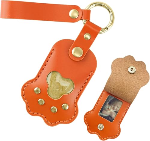 Pet Memorial Keychain,Dog Hair Keychain, Handmade Full Grain Leather Paw Shape Keychain for Dog Cat Hair Keepsake, Holds Fur & Photo, Personalized Memorial Gift for Pet Loss (Upgrade-Orange) - color: Upgrade-sunset Orange