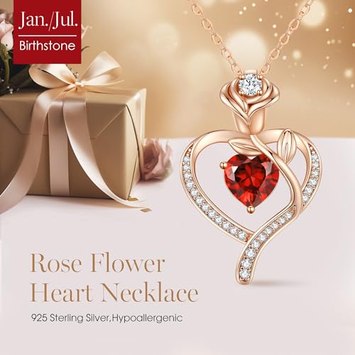 925 Sterling Silver Rose Love Heart Birthstone Necklaces for Women Jewelry | Hypoallergenic Nickel-Free & Lead-Free Pendant,Birthday Anniversary Christmas Gift for Women Wife Mom Girlfriend - color: Rose Gold-01/07-Jan/Jul
