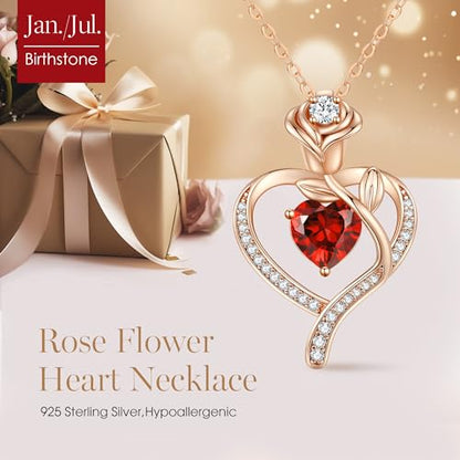 925 Sterling Silver Rose Love Heart Birthstone Necklaces for Women Jewelry | Hypoallergenic Nickel-Free & Lead-Free Pendant,Birthday Anniversary Christmas Gift for Women Wife Mom Girlfriend - color: Rose Gold-01/07-Jan/Jul