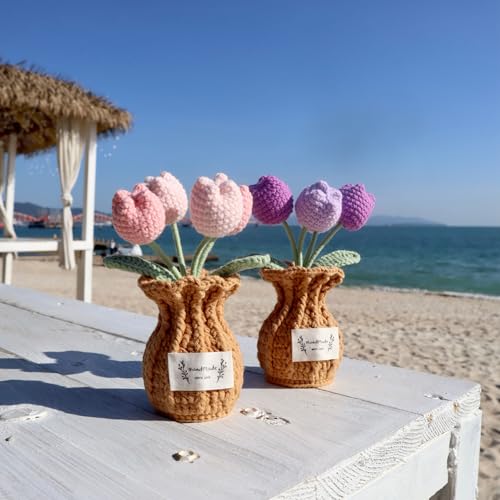 Tulip Crochet Flower Potted Plant Handmade Desk Decor Gift - color: D-tulip-purple