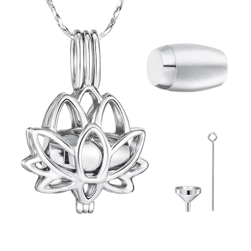 MeMeDIY Stainless Steel Urn Necklaces for Ashes Cremation Jewelry for Ashes Mini Keepsake Urn Memorial Ash Jewelry Lotus Flower Shape Urn Necklace Engraved Text - color: A1: Silver