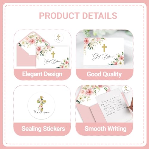 24 Pack Christian Thank You Cards, Watercolor Pink Floral Cross Baptism Thank You Cards with Envelopes & Stickers, VBS Thank You Cards First Communion & Religious Occasions - style: 24 Pcs - Pink Christian