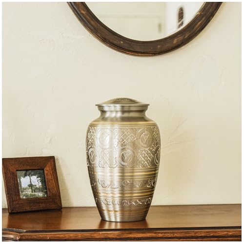 AspenStudio Platinum Brass Cremation Urn for Adult Human Ashes - Large Handcrafted Funeral Memorial Urns Brass Urn Capacity 225 lbs