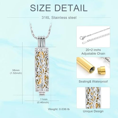 Tree of Life Urn Necklace for Women Men Cylinder Bar Memorial Ash Pendant | Tree of Life Cremation Jewelry,Stainless Steel Keepsakes Necklaces,Vial Ashes Pendant - color: Silver-Gold