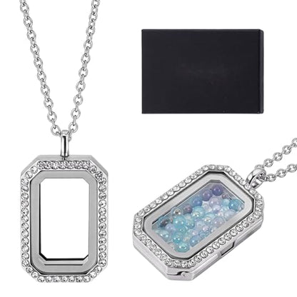 NBEADS 1 Pc Locket Pendant Necklaces and 1 Pc Cardboard Jewelry Box, Picture Frame Memory Locket Charm Floating Memory Necklace - style: Rectangle