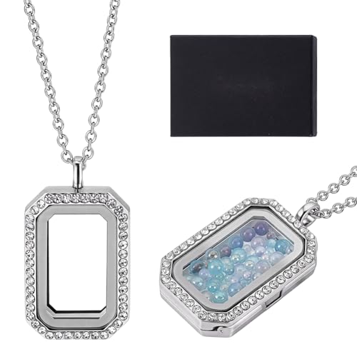 NBEADS 1 Pc Locket Pendant Necklaces and 1 Pc Cardboard Jewelry Box, Picture Frame Memory Locket Charm Floating Memory Necklace - style: Rectangle