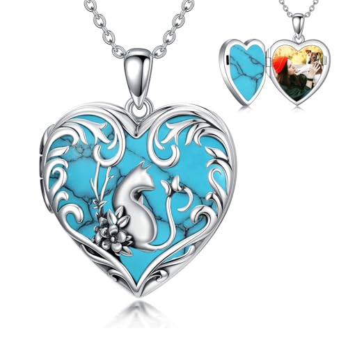 Dorunmo Personalized Heart Locket Necklace That Holds 2 Picture 925 Sterling Silver Custom Lockets Pendant Memorial Jewelry Gifts for Mom Sisters - color: Cat-Turquoise, style: Personalized-Photo