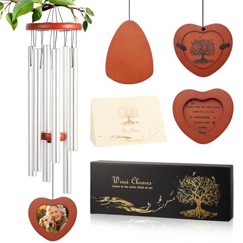 Memorial Wind Chime for Loss of Loved One, Sympathy Gift with Photo Frame for Mother Father Pet, 33" Deep Tone Healing Bereavement & Remembrance Gift (Silver) - color: Silver