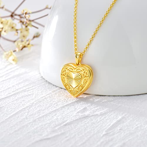 SOULMEET 10K 14K 18K Solid Gold Personalized Sunflower/Starburst/Cross/Rose/Lotus/Butterfly/Turtle/Celtic/Bee Heart Locket Necklace That Holds Picture Gift Choice - style: L-Solid gold celtic heart locket+photo