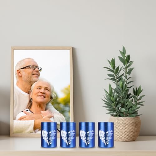 Mini Urns for Human Ashes Set of 4, Small Blue Angel Wings Keepsake Urns for Ashes 4 Pack (2.7 x 1.6 Inch, Aluminum)