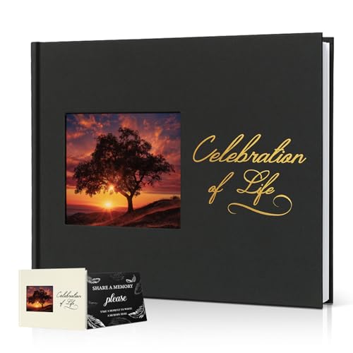 Funeral Guest Book, Celebration of Life GuestBook with Photo Slot | 330 Entries, Table Sign Card Included, Gold Stamping, Twill-Textured Paper Cover, in Loving Memory Keepsake, 9x7.5", Black - color: Black-c