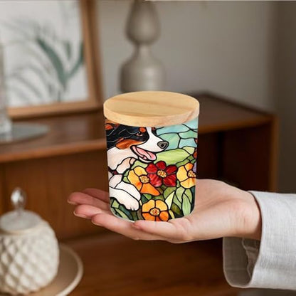 Dog Stained Glass Candle Jar with Tea Light, Colorful Flower Memorial Tealight Candle Holders with Battery Operated, Glass Candlesticks Trinket Jar, Makeup Brush Holder for Pet Dog Lover - color: Dog