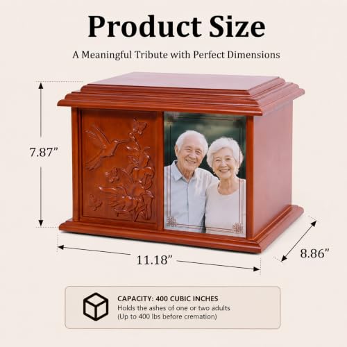 Double Companion Urn for 2 Adults Holds Up to 400 Cubic Inches Wooden Cremation Urn for Human Ashes with 4 x 6 Photo Frame Carved Hummingbird Memorial Urn for Husband Wife Parents