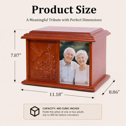 Double Companion Urn for 2 Adults Holds Up to 400 Cubic Inches Wooden Cremation Urn for Human Ashes with 4 x 6 Photo Frame Carved Hummingbird Memorial Urn for Husband Wife Parents