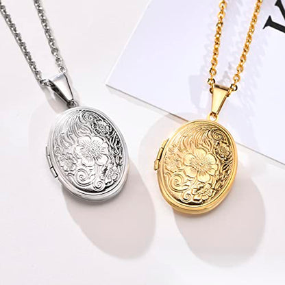 2 Pcs Locket Necklace that Holds Pictures Stainless Steel Locket Pendant Necklace Memory Photo Pendant Necklace for Women Girls - color: Oval style 2