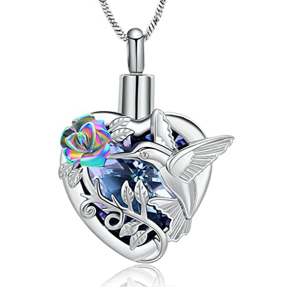 Yinplsmemory Hummingbird Cremation Jewelry Crystal Heart Urn Ashes Necklace for Women Men Memorial Keepsake Necklace of Loved One - color: Purple-Rainbow