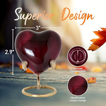 Heart Urn with Stand & Box Keepsake Urn for Human Ashes Mini Cremation Urn for Men & Women (Burgundy) - color: Burgundy