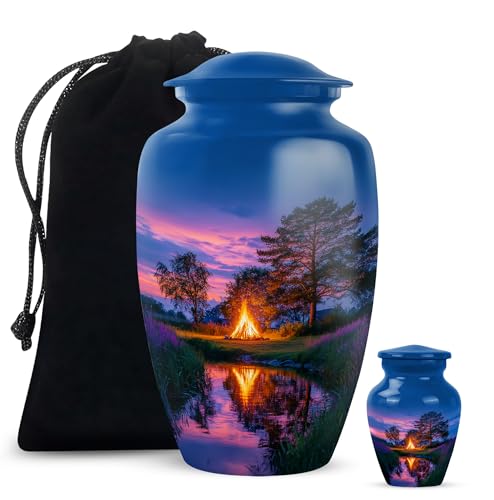 Memorial Urns for Human Ashes, Campfire Keepsake Urn for Ash, Adult Funeral Remains, Decorative Gift for Male & Female, Combo, 10 Inch Large & 3 Inch Small - color: Campfire 3, size: 10"+3"Combo-1