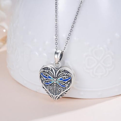 Heart Photo Locket Necklace Sterling Silver for Women | Dragonfly, Butterfly, Turtle, Dog Paw and Mother Daughter Styles, Jewelry Gifts for Mom Christmas Birthday Anniversary. - style: 1-Dragonfly-Blue