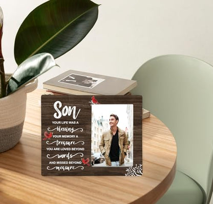 Son Memorial Wooden Picture Frame, In Loving Memory Remembrance Photo Frame Gifts for Son, Bereavement Sympathy Wooden Frame for Loss of Son, 4x6 inch Photo - style: Son Memorial
