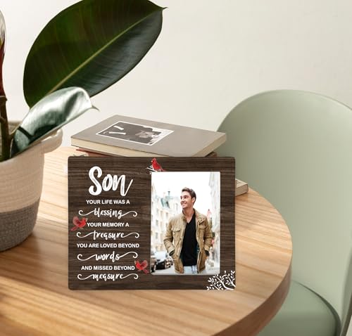 Son Memorial Wooden Picture Frame, In Loving Memory Remembrance Photo Frame Gifts for Son, Bereavement Sympathy Wooden Frame for Loss of Son, 4x6 inch Photo - style: Son Memorial