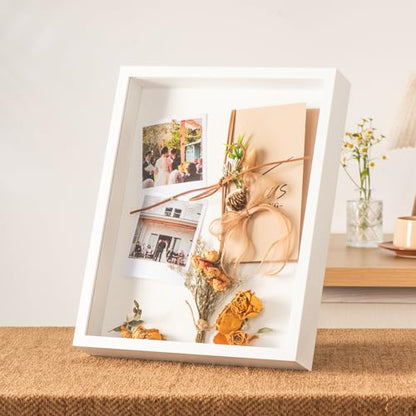 11x14 Shadow Box Frame with Ultra-Clear Glass & Soft Linen Back | With Push Pins and Stand, Deep 1.5" White Shadow Box Display Case – Display on Tabletop or Wall for Photo, Wedding, Keepsake - color: White+high Definition Panel + Shatter-proof Packaging,