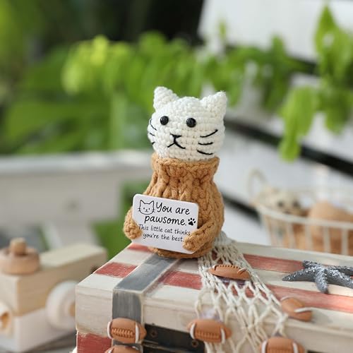 Positive Crochet Animals Cat – “You are Pawsome” Valentines Day Gifts for Him Her Boyfriend Girlfriend Women Teens, Emotional Support & Cheer Up Present, Teacher Appreciation, Birthday Gift - color: Cat-white-awesome