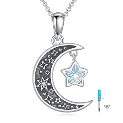 925 Sterling Silver Urn Necklace for Ashes, Teardrop/Tree of Life/Sunflower/Dragonfly/Sea Turtle/Celtic Knot/Elephant/Hummingbird Memorial Cremation Pendant Necklaces for Animal Human Ashes - color: L: Moon Star