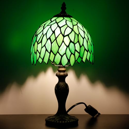 Small Tiffany Stained Glass Table Lamp,Green Wisteria | Mini Desk Accent Light, Bedroom Bedside Reading, Antique Style Decor, 8X15 Inches - color: Green Wisteria