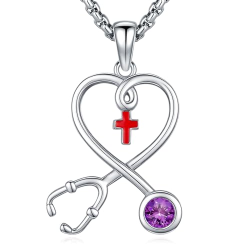 Angel Wings Necklace 925 Sterling Silver Guardian Angel Nurse RN Caduceus Pendant Charm Crystal Angel Jewelry Gifts for Women - style: H-Stethoscope-02-Feb.-Amethyst
