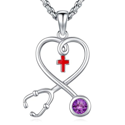 Angel Wings Necklace 925 Sterling Silver Guardian Angel Nurse RN Caduceus Pendant Charm Crystal Angel Jewelry Gifts for Women - style: H-Stethoscope-02-Feb.-Amethyst