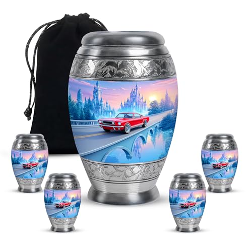 Car Funeral Burial Urn for Ashes Adult Male & Female - Sunset Memorial Keepsake for Mother and Father, 1 Large 10-inch Blue Cremation Urns for Human Ashes Adult Man, 3-inch Small Set of 4, - color: Car-3, size: combo-3