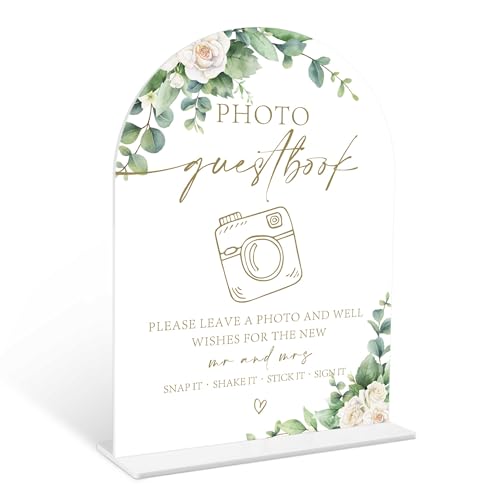 Eucalyptus Rose Photo Guestbook Sign, 6 x 8 Inch White Arch Acrylic Wedding Sign with Holder, Wedding Sign for Ceremony and Reception, Wedding Decoration, Wedding Supplies - AM06 - color: Rose Photo Guestbook, size: Eucalyptus 6X8IN