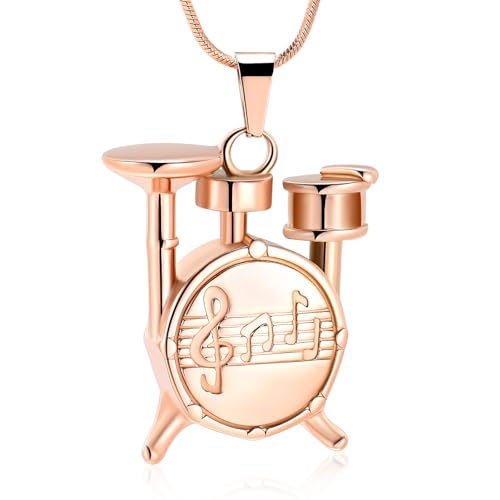 Memorial Cremation Jewelry for Ashes Music Drum Set Shaped Urn Necklaces for Human Dog Cat Keepsake Pendant Jewelry with Fill Kit - color: Rose Gold