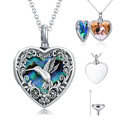 Personalized Heart Urn Locket Necklace for Ashes and Pictures 925 Sterling Silver Customized Locket Cremation Necklace for Ashes Memorial Keepsake Jewelry for Women - color: Abalone Hummingbird Urn Locket, style: Custom
