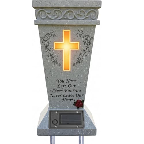 Cemetery Vases for Grave with Solar Light,Cross Flower Holder for Cemetery with Drain Stopper & Ground Spike,Grave Decorations for Cemetery flower holders, Tokens of Sympathy for a Loved One's Passing
