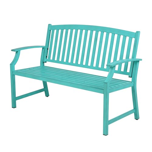 Grand patio 52" Farmhouse Outdoor Bench with Armrest, Turquoise Blue | Anti-rust Aluminum Frame, Faux Wood Grain Finish, for Front Porch, Yard, Park, Garden - color: Turquoise Blue