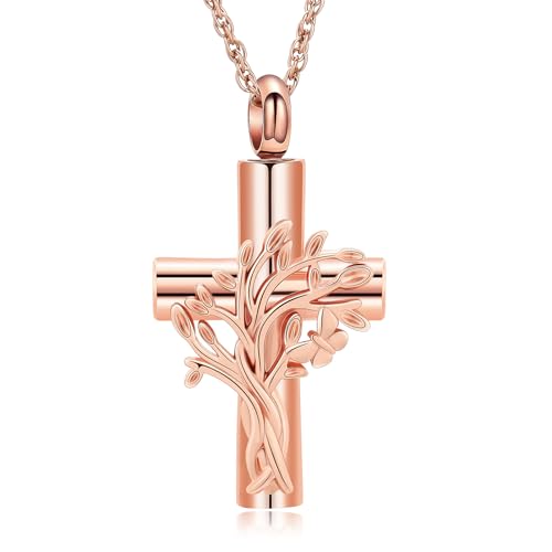 shajwo Tree of Life Cross Urn Necklace for Ashes - color: Rose Gold