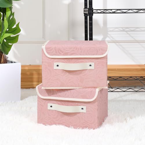 ANMINY Fabric Storage Box Bins with Lids, Rose Print, Pink, 2PCS Small | Keepsake Memory Storage, Nonwoven Fabric, PP Board Frame, Washable, PU Handles, Foldable Stackable, Decorative, 10"x8"x7" - size: Small (Pack of 2)