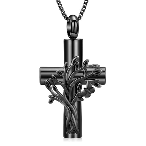 XSMZB Tree of Life Cross Cremation Jewelry for Ashes Human Pet Memorial Ashes Necklace Butterfly Cross Keepsake Pendant for Women - color: Black