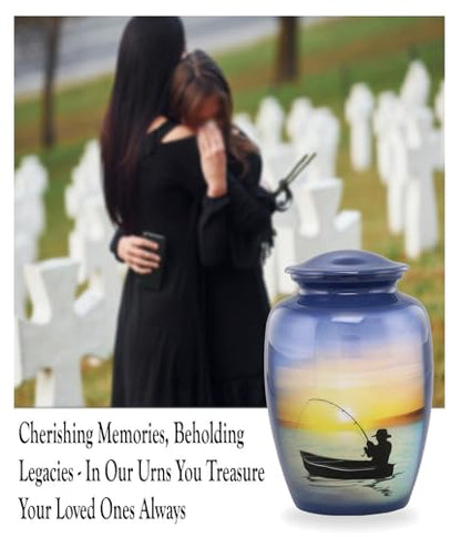 Fishing Urn - Full Size Gone Fishing Cremation Urn - Adult Urns for Men and Women – Fisherman Funeral and Memorial Urns for Human Ashes Upto 210 Lbs with Velvet Bag (Large)